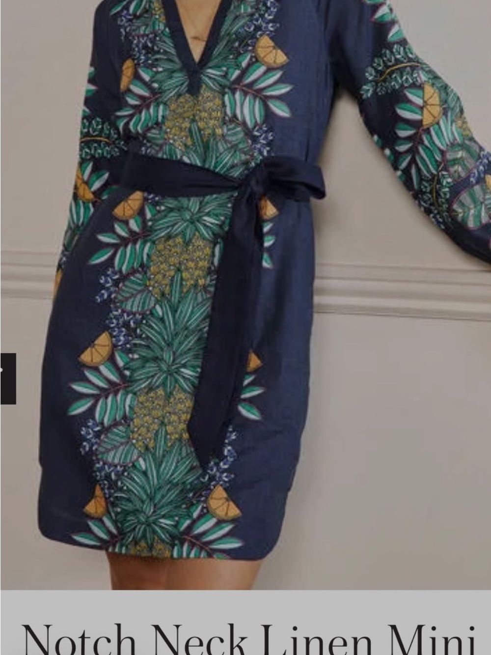 Boden linen dress tunic NWT US 6 notch neck linen mini navy pineapple bloom - Picture 2 of 16